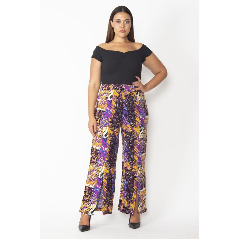 Şans Women's Plus Size Colorful Viscose Trousers with a slit and an elasticated waist.