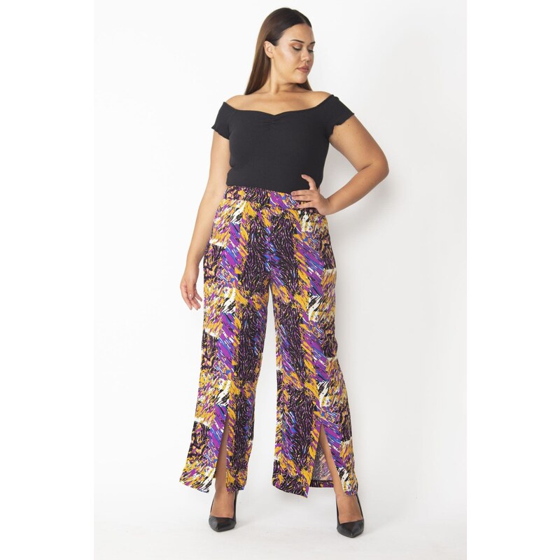 Şans Women's Plus Size Colorful Viscose Trousers with a slit and an elasticated waist.