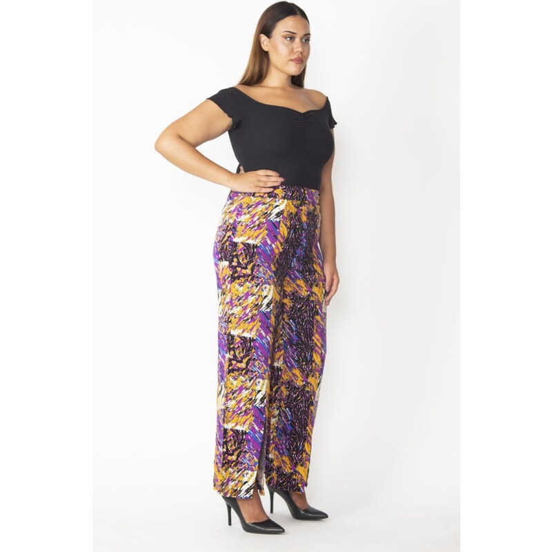 Şans Women's Plus Size Colorful Viscose Trousers with a slit and an elasticated waist.