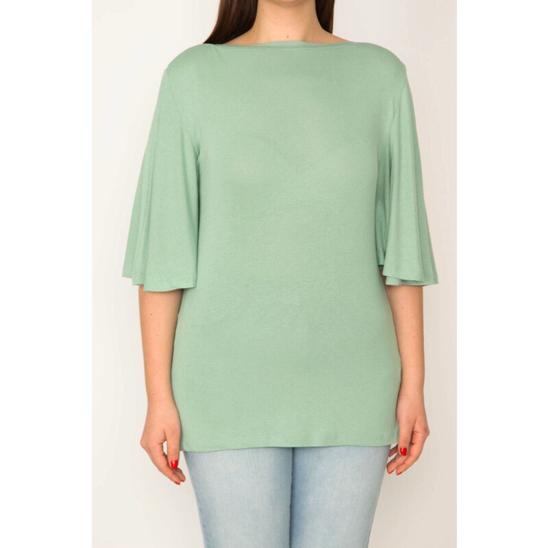 Şans Women's Plus Size Green Viscose Blouse with Flounce Sleeves