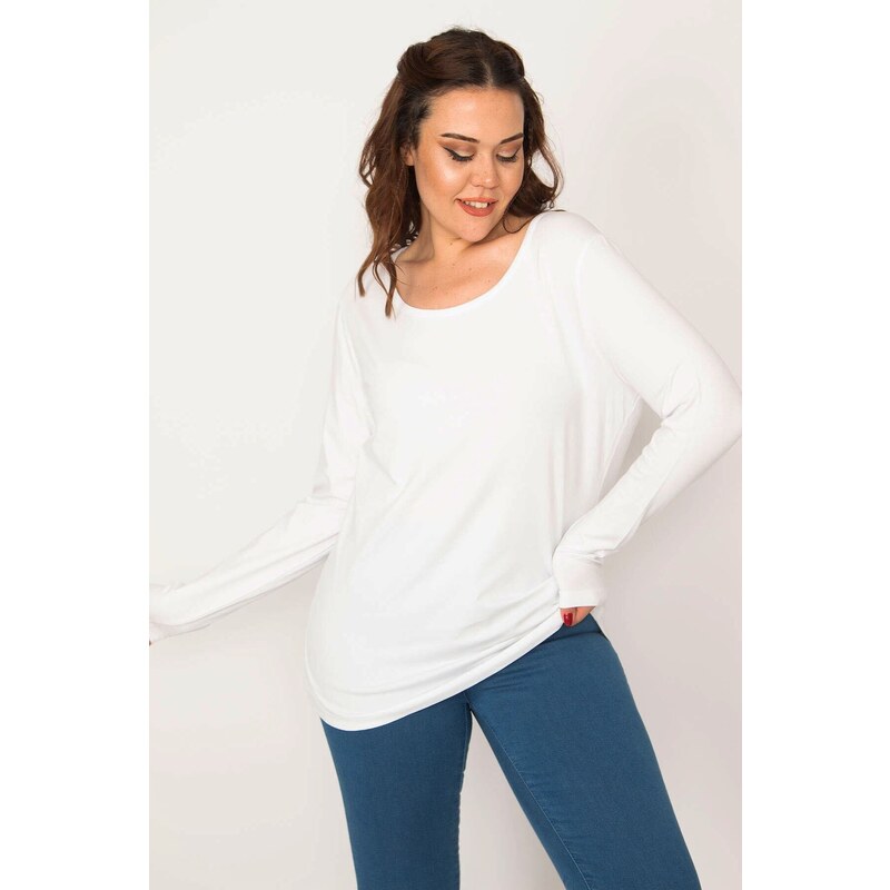 Şans Women's Plus Size White Cotton Fabric Crewneck Long Sleeve Blouse