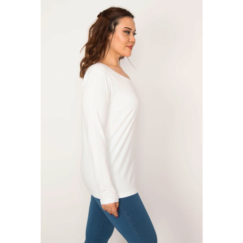 Şans Women's Plus Size White Cotton Fabric Crewneck Long Sleeve Blouse