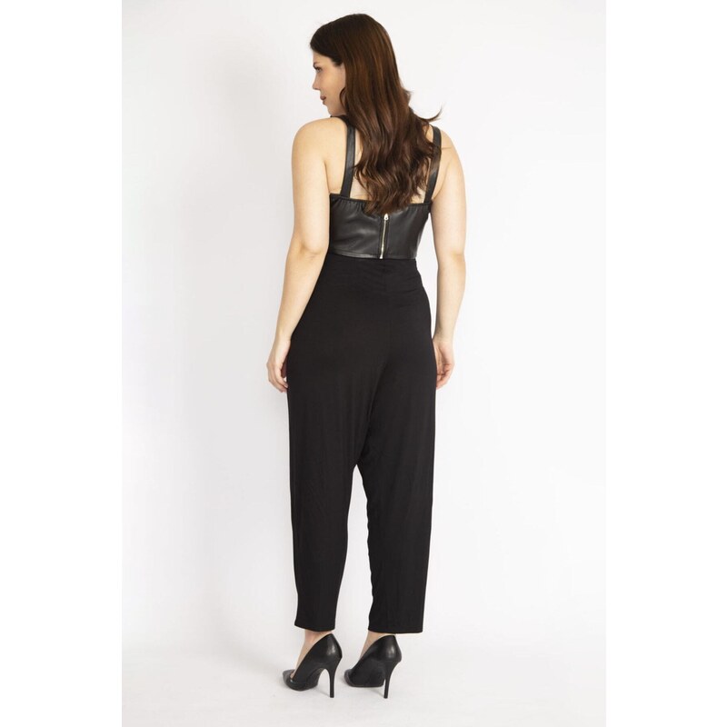 Şans Women's Black Plus Size Baggy Cut Side Pocket Viscose Trousers