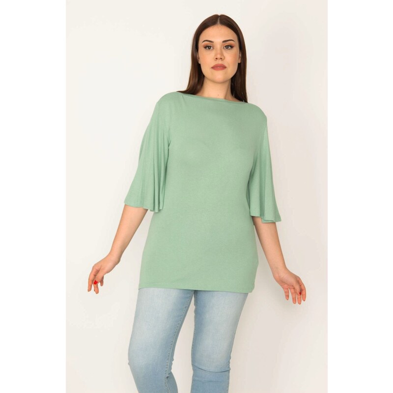 Şans Women's Plus Size Green Viscose Blouse with Flounce Sleeves