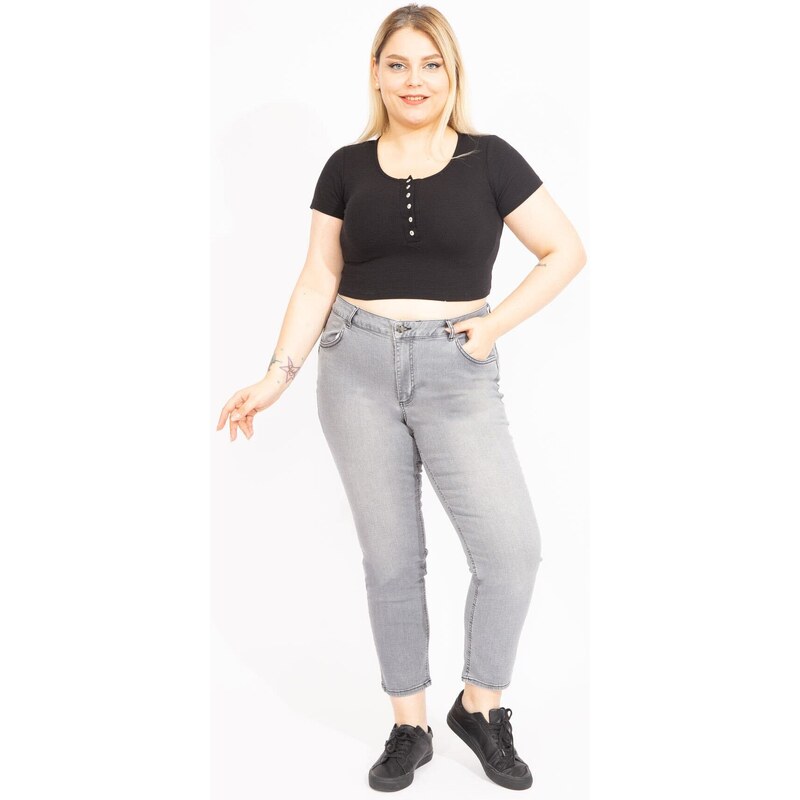 Şans Women's Plus Size Gray Lycra 5-Pocket Jeans Trousers
