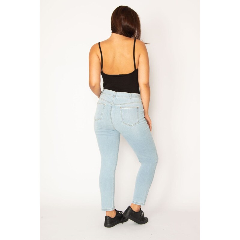 Şans Women's Plus Size Blue Lycra Jeans with Cup Detail on the Front and Elasticated Side Belt