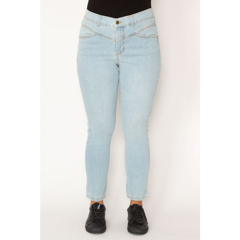 Şans Women's Plus Size Blue Lycra Jeans with Cup Detail on the Front and Elasticated Side Belt