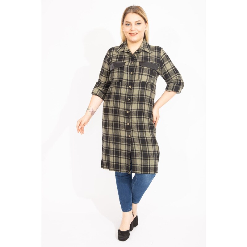 Şans Women's Plus Size Khaki Checkered Patterned Tunic Dress with Front Buttons and Faux Leather with Garnish