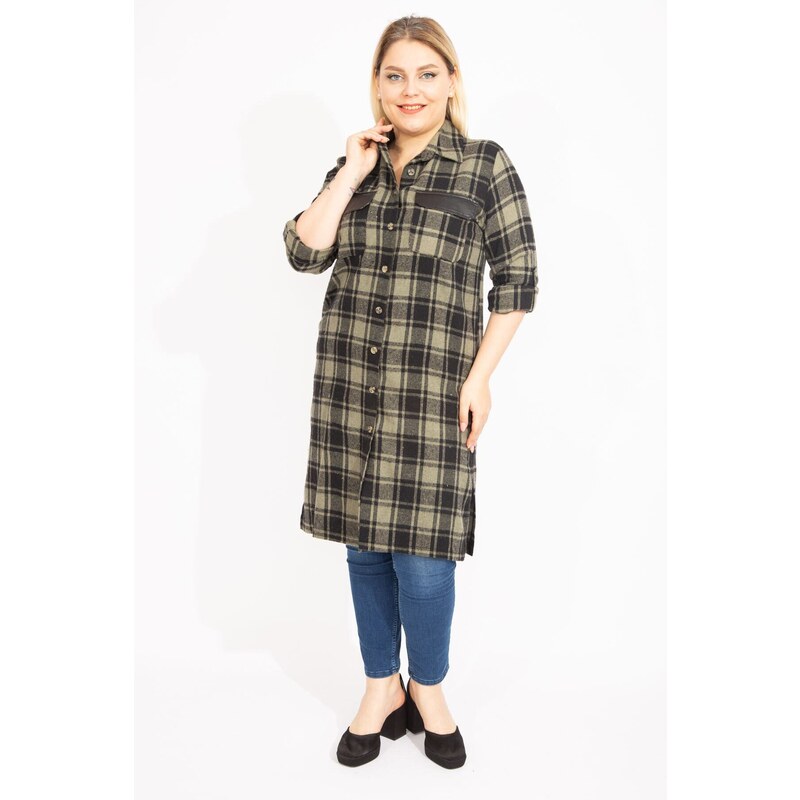 Şans Women's Plus Size Khaki Checkered Patterned Tunic Dress with Front Buttons and Faux Leather with Garnish