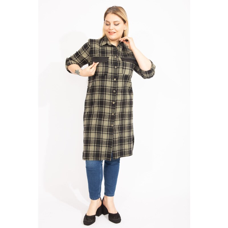 Şans Women's Plus Size Khaki Checkered Patterned Tunic Dress with Front Buttons and Faux Leather with Garnish