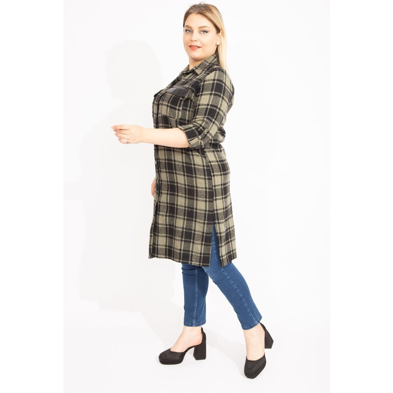 Şans Women's Plus Size Khaki Checkered Patterned Tunic Dress with Front Buttons and Faux Leather with Garnish