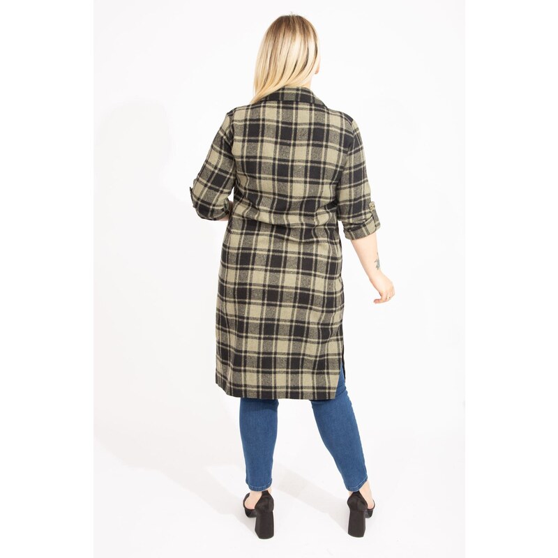 Şans Women's Plus Size Khaki Checkered Patterned Tunic Dress with Front Buttons and Faux Leather with Garnish