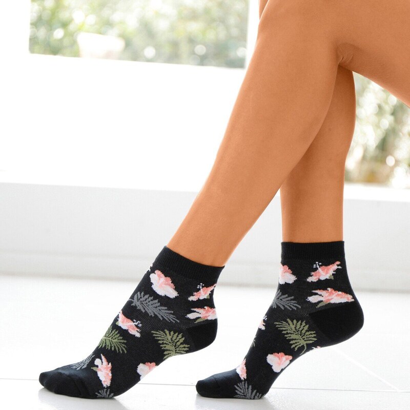 Blancheporte Sada 4 párů kotníkových ponožek se sladěným tropickým motivem černá/růžová 35-38
