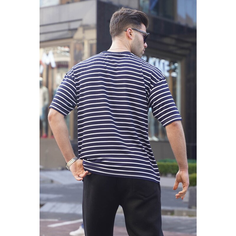 Madmext Men's Navy Blue Striped Basic T-Shirt 6084