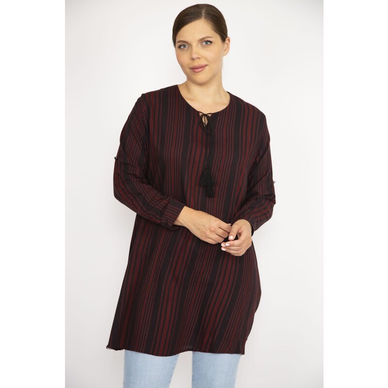 Şans Women's Plus Size Burgundy V Neck Tunic with Adjustable Sleeve Length