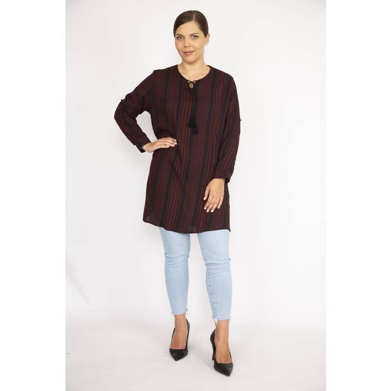 Şans Women's Plus Size Burgundy V Neck Tunic with Adjustable Sleeve Length