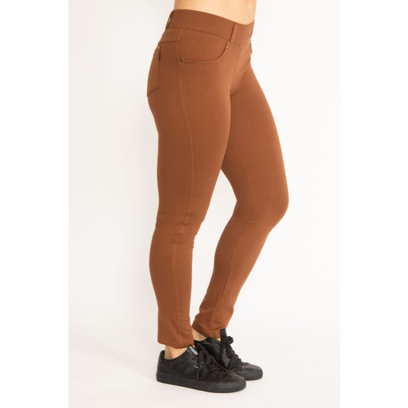 Şans Women's Large Size Tan Leggings with Front Decoration and Back Pockets