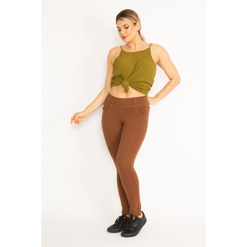 Şans Women's Large Size Tan Leggings with Front Decoration and Back Pockets