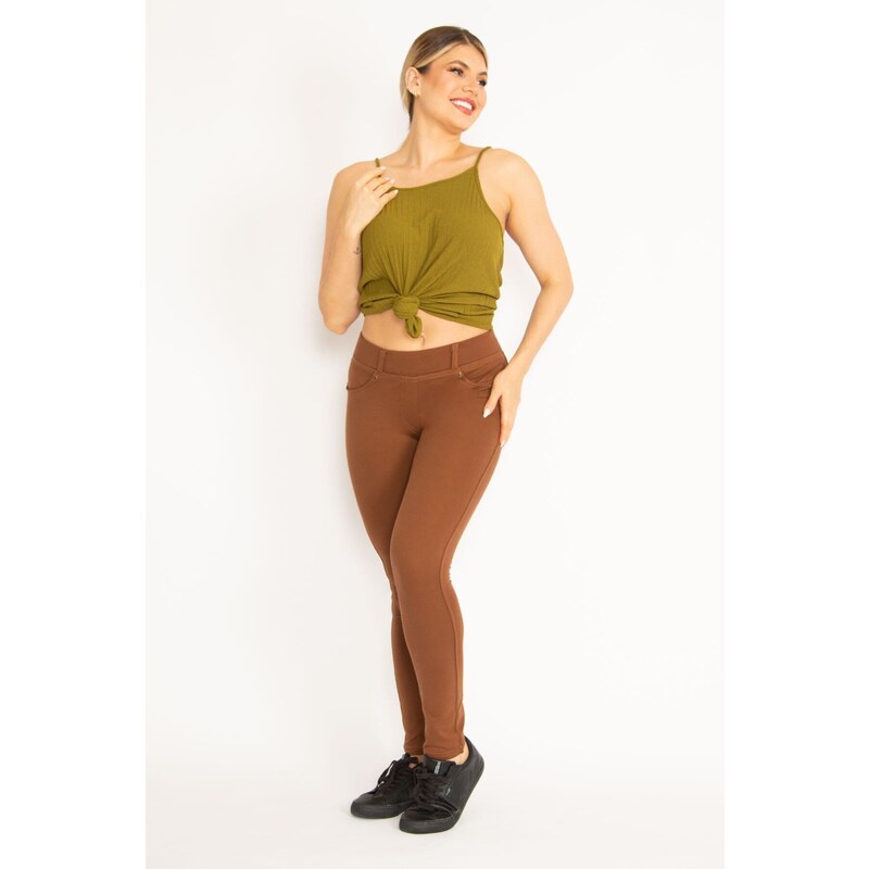 Şans Women's Large Size Tan Leggings with Front Decoration and Back Pockets