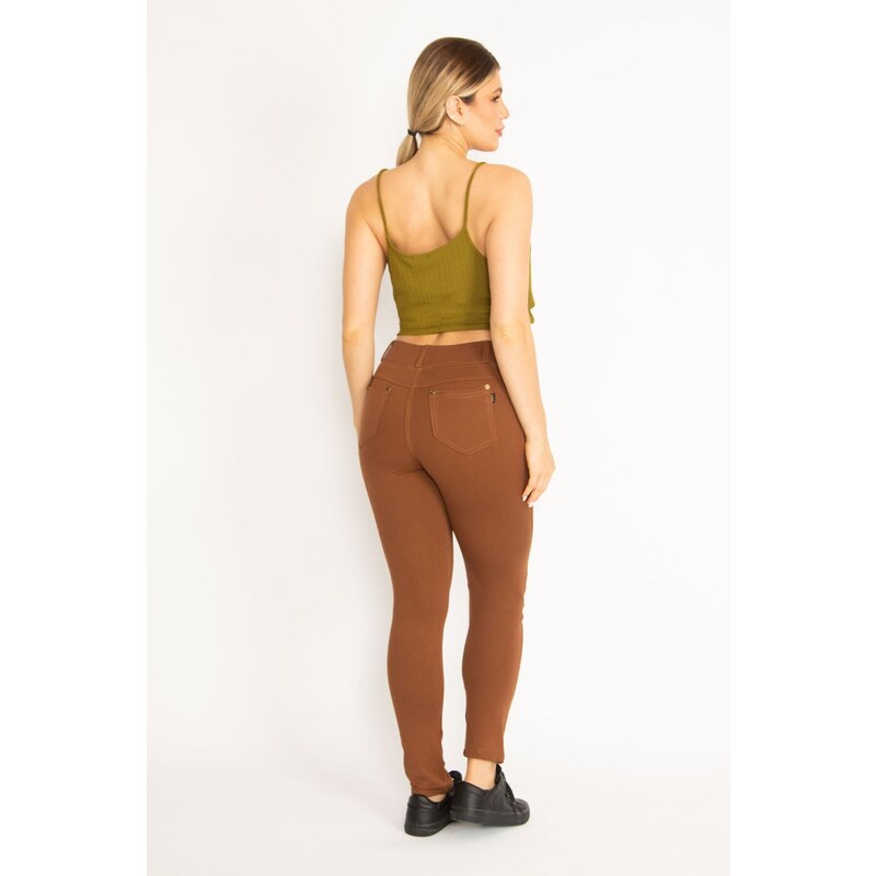 Şans Women's Large Size Tan Leggings with Front Decoration and Back Pockets