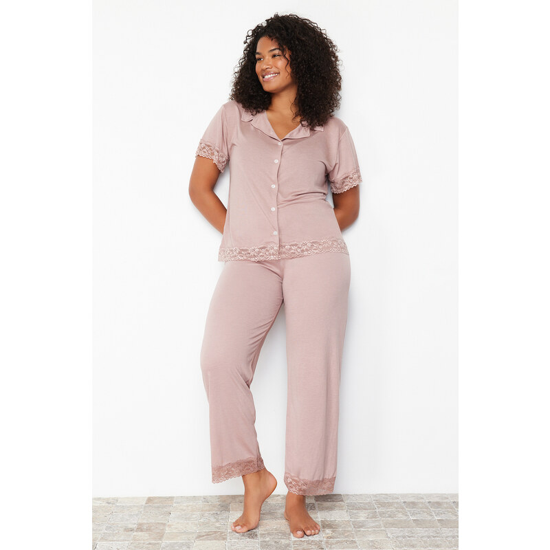 Trendyol Curve Dusty Rose Lace Knitted Pajama Set