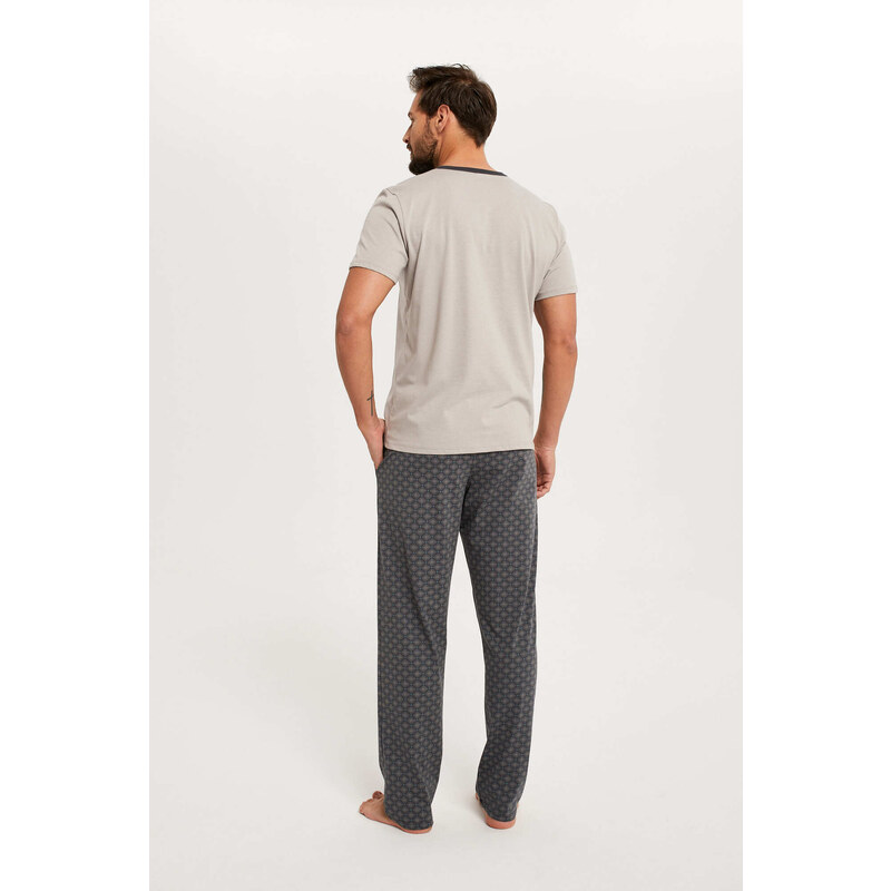 Italian Fashion Pánské pyžamo Abel, krátký rukáv, dlouhé nohavice - béžová/potisk