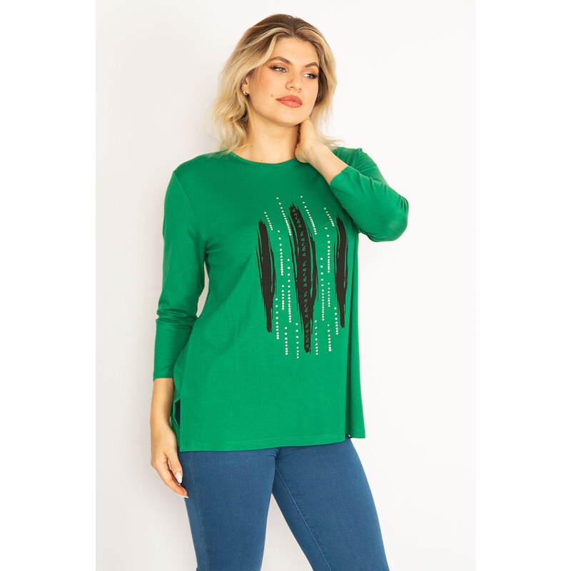 Şans Women's Plus Size Green Stone And Print Detailed Blouse