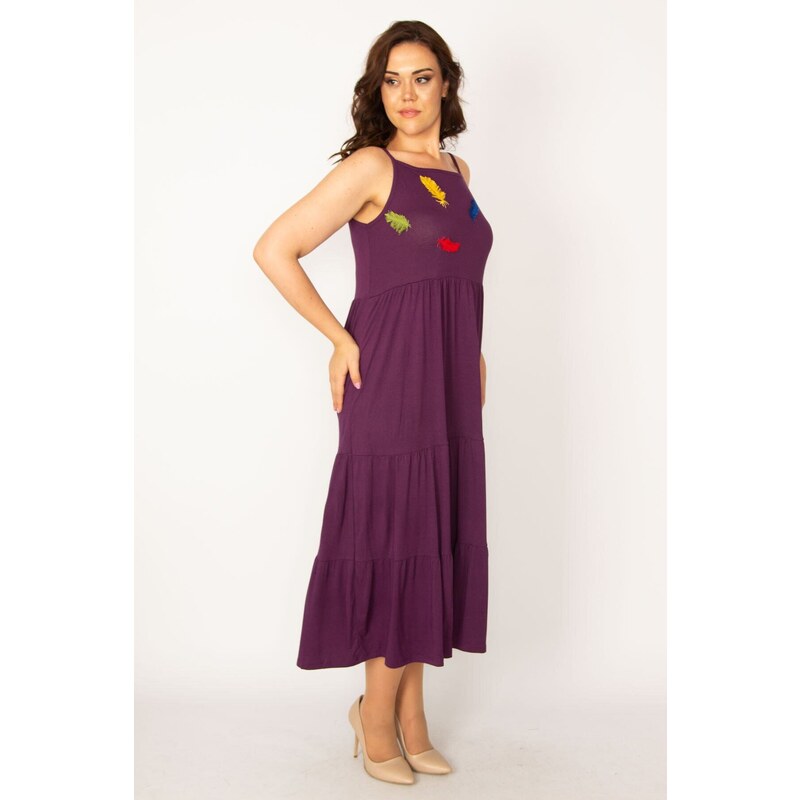 Şans Women's Plus Size Purple Appliqués, Layered Straps Dress