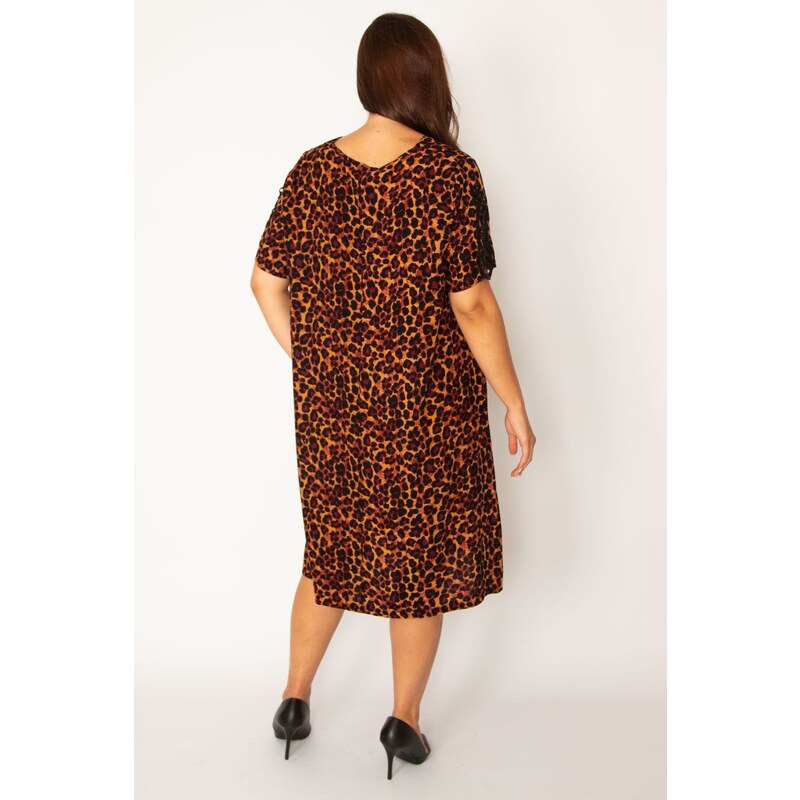 Şans Women's Plus Size Leopard Lace Detailed V-neck Leopard Pattern Dress