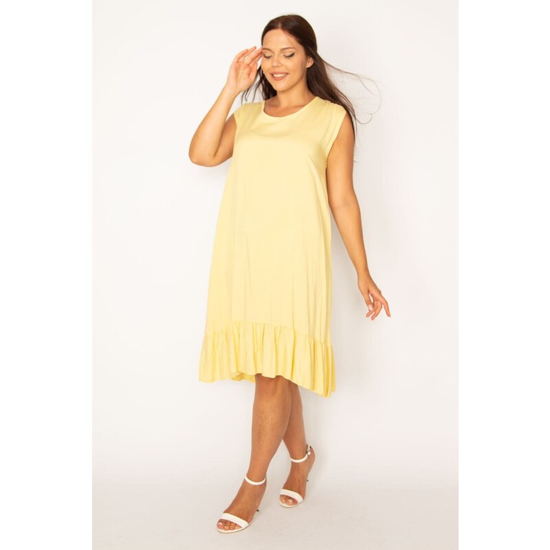 Şans Women's Plus Size Yellow Viscose Dress With Frill Hem