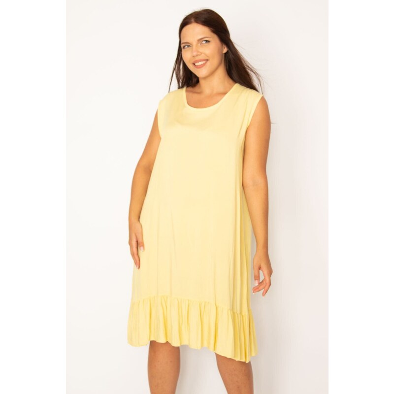 Şans Women's Plus Size Yellow Viscose Dress With Frill Hem