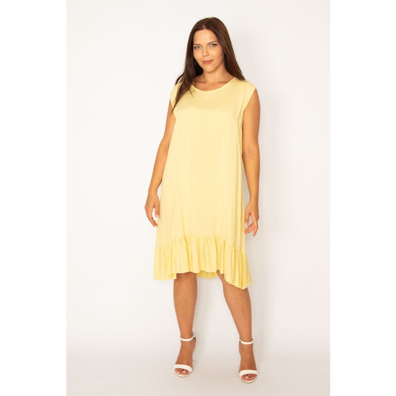 Şans Women's Plus Size Yellow Viscose Dress With Frill Hem