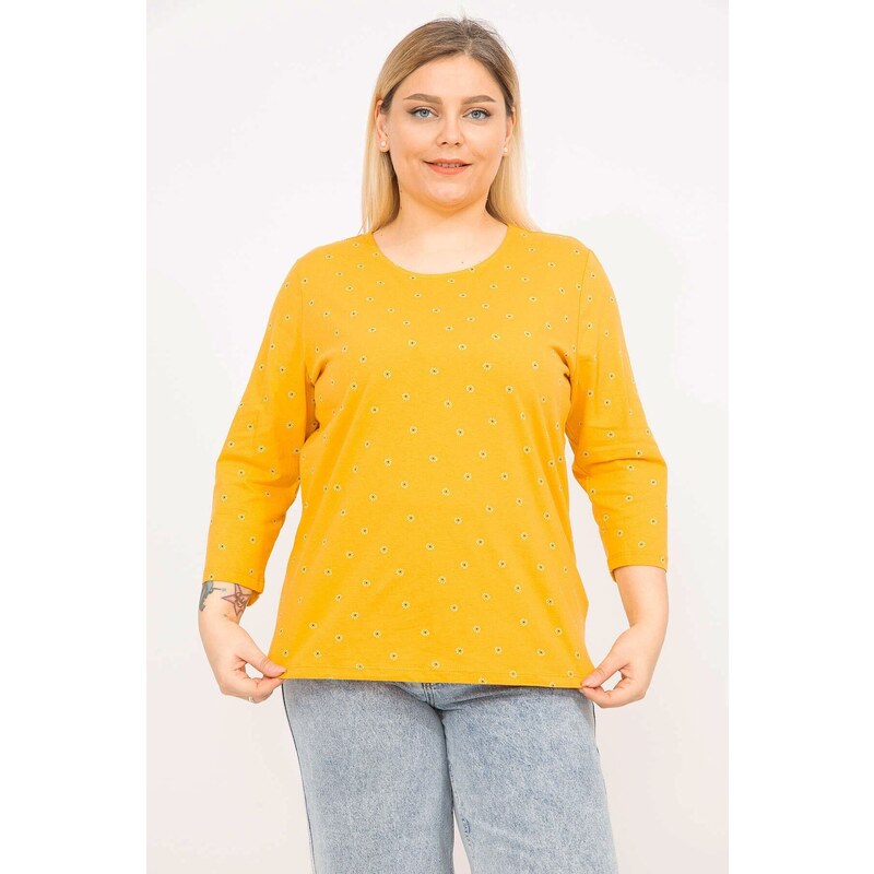 Şans Women's Yellow Plus Size Cotton Fabric Blouse with Ornamental Buttons and Capri Sleeves at the Back