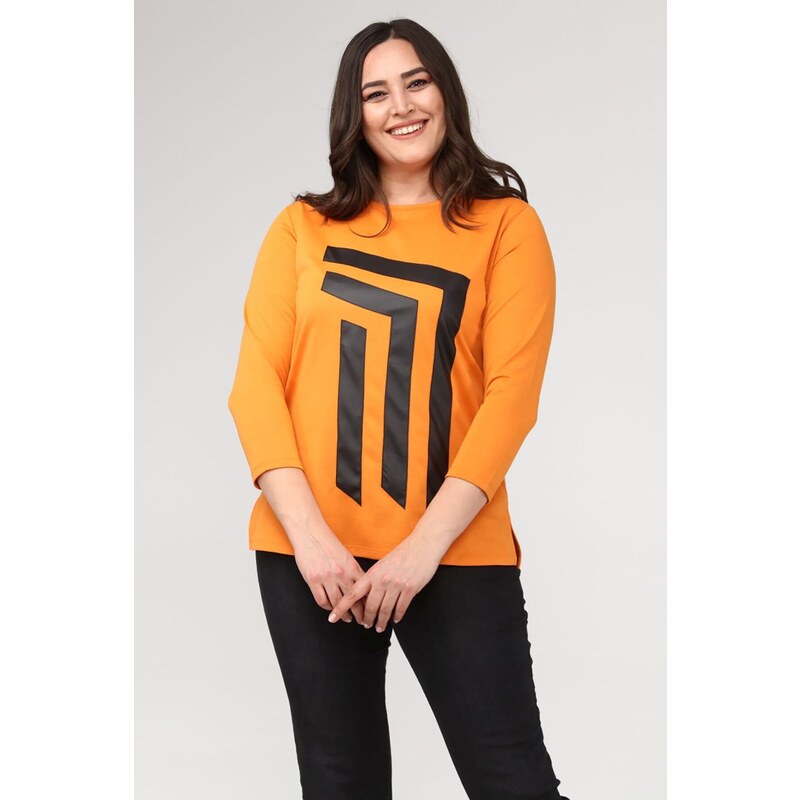 Şans Women's Plus Size Orange Front Leather Detailed Crew Neck Blouse