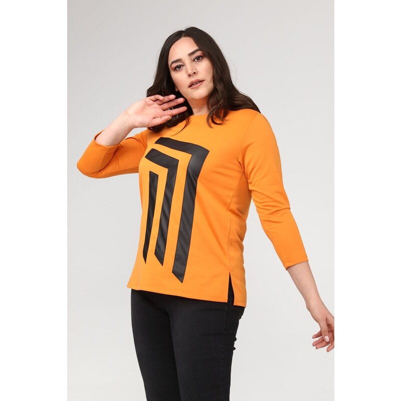 Şans Women's Plus Size Orange Front Leather Detailed Crew Neck Blouse