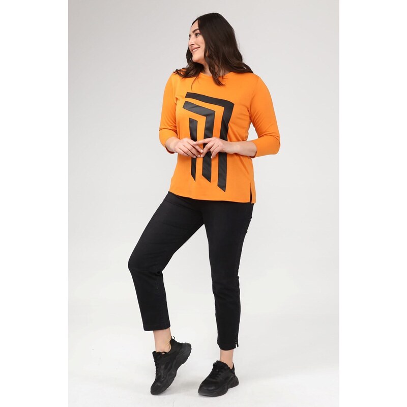 Şans Women's Plus Size Orange Front Leather Detailed Crew Neck Blouse