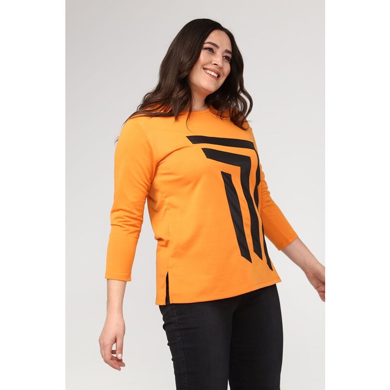 Şans Women's Plus Size Orange Front Leather Detailed Crew Neck Blouse