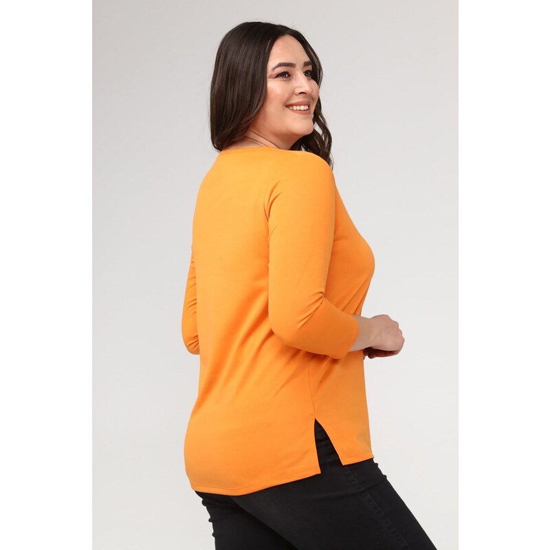 Şans Women's Plus Size Orange Front Leather Detailed Crew Neck Blouse