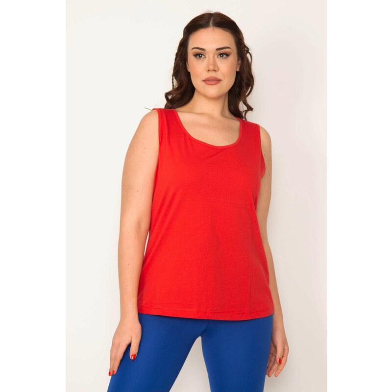 Şans Women's Plus Size Red Cotton Fabric Crew Neck Sleeveless Blouse