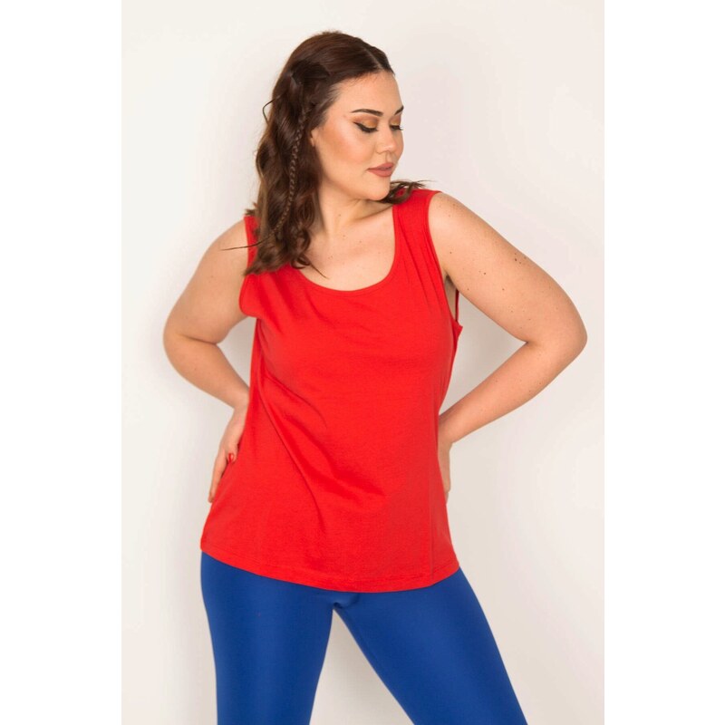 Şans Women's Plus Size Red Cotton Fabric Crew Neck Sleeveless Blouse