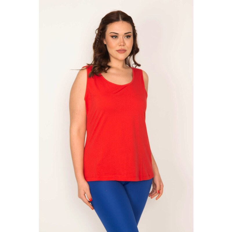 Şans Women's Plus Size Red Cotton Fabric Crew Neck Sleeveless Blouse