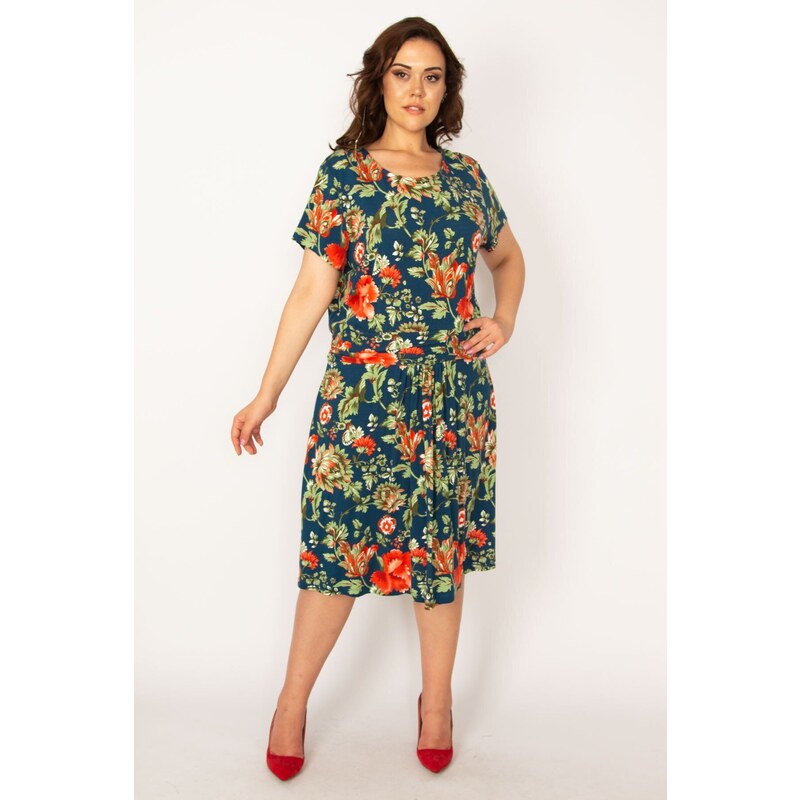 Şans Women's Plus Size Colorful Waist Draped Floral Pattern Dress