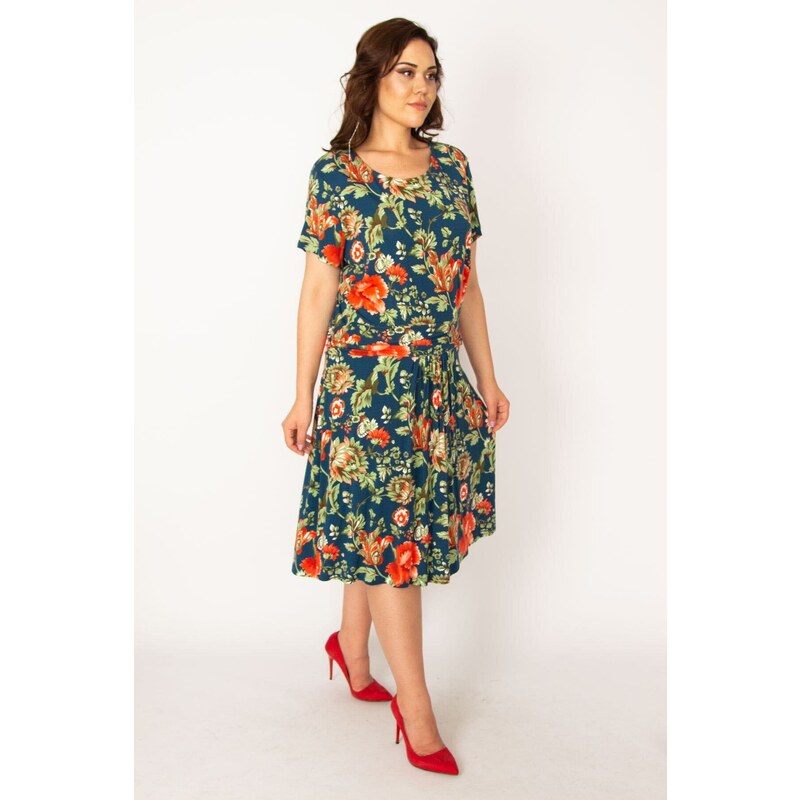 Şans Women's Plus Size Colorful Waist Draped Floral Pattern Dress