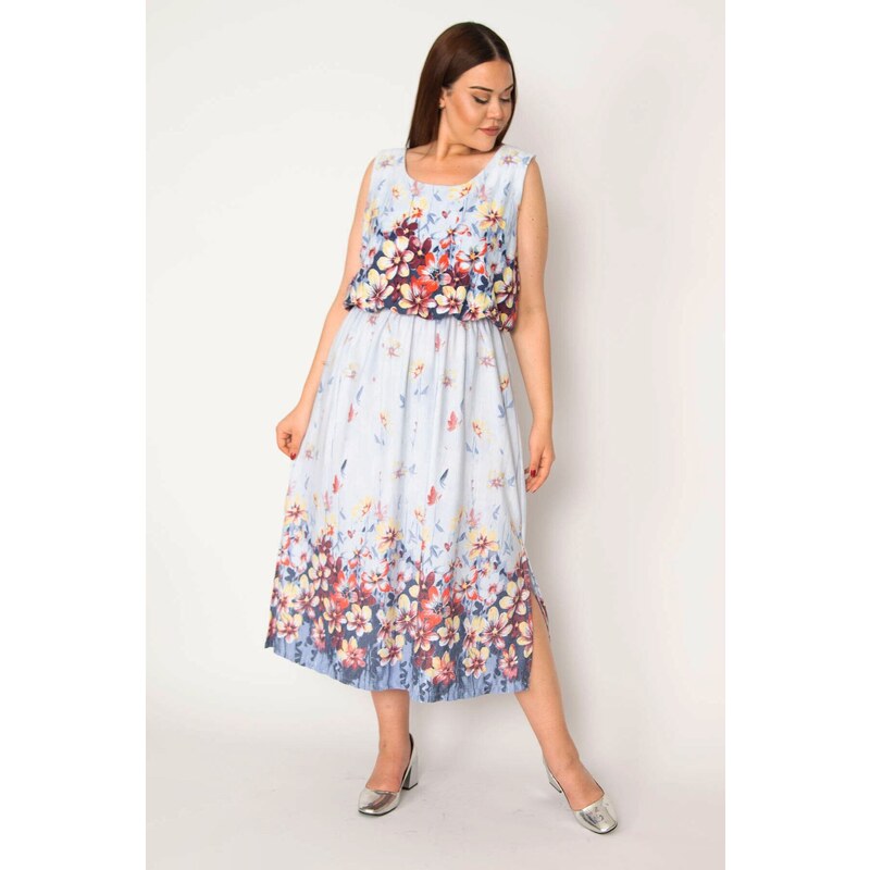 Şans Women's Plus Size Blue Patterned Dress with Elastic Waist