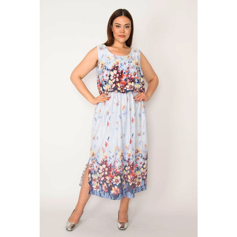 Şans Women's Plus Size Blue Patterned Dress with Elastic Waist