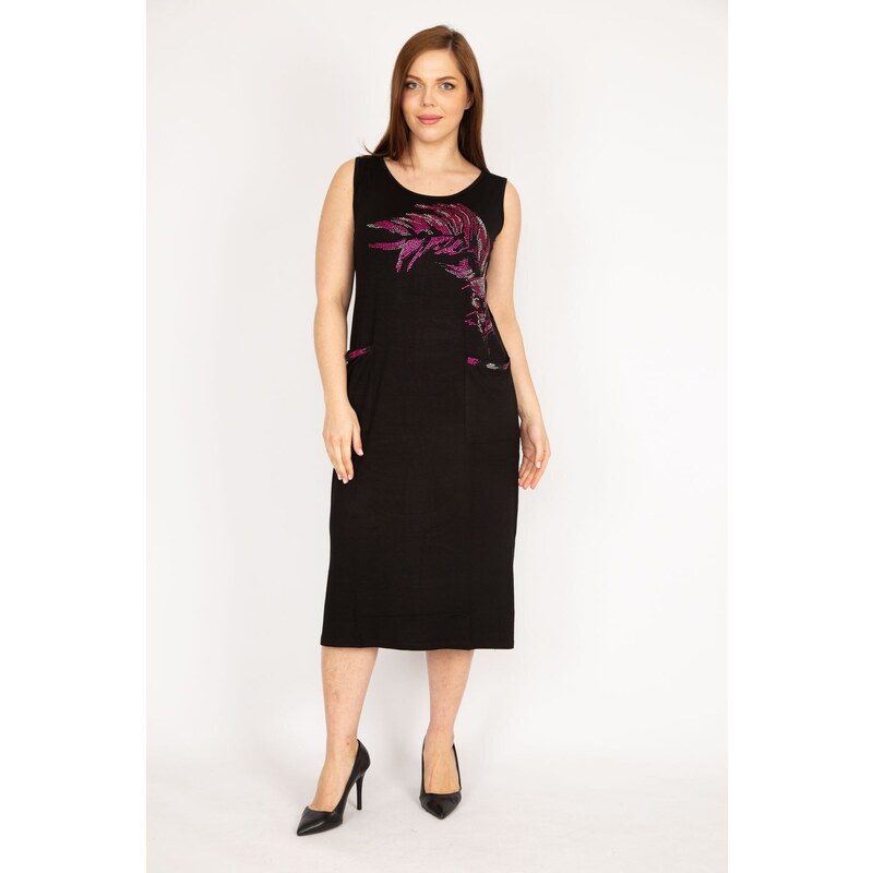 Şans Women's Black Plus Size Stone Detailed Front Pocket Dress