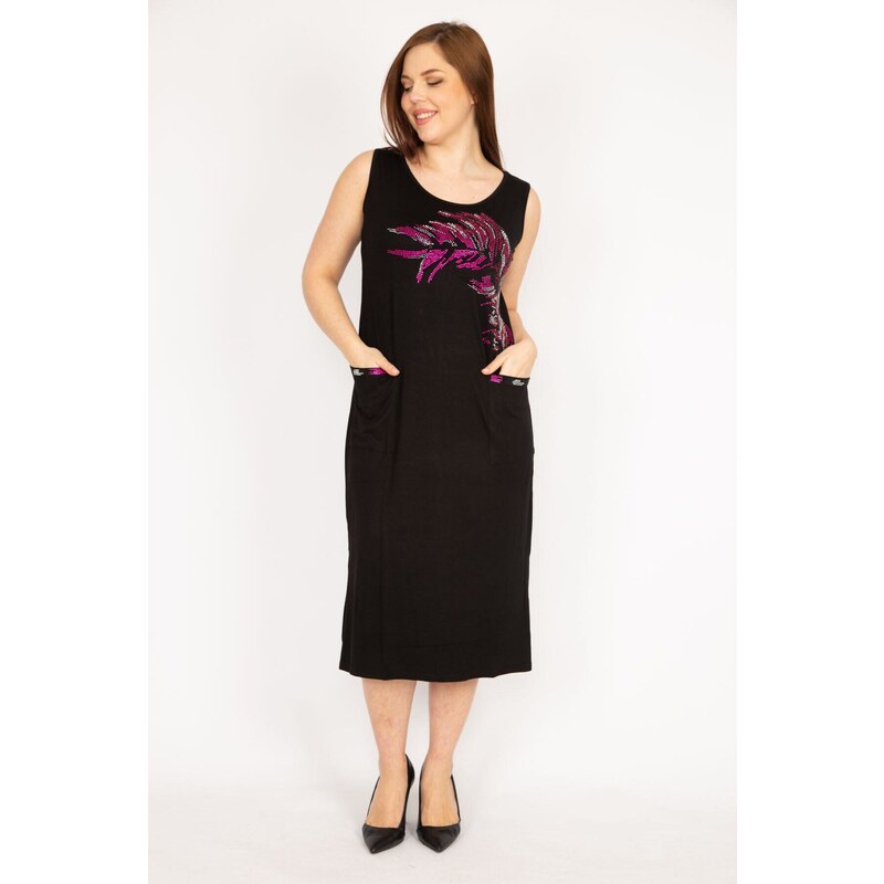 Şans Women's Black Plus Size Stone Detailed Front Pocket Dress