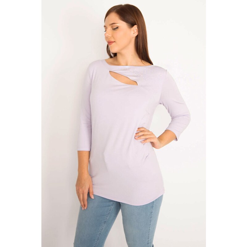 Şans Women's Plus Size Lilac Collar Blouse With Stones And Side Shims Detail