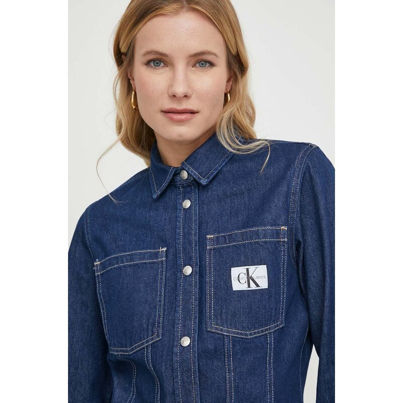 Džínová košile Calvin Klein Jeans dámská, tmavomodrá barva, regular, s klasickým límcem