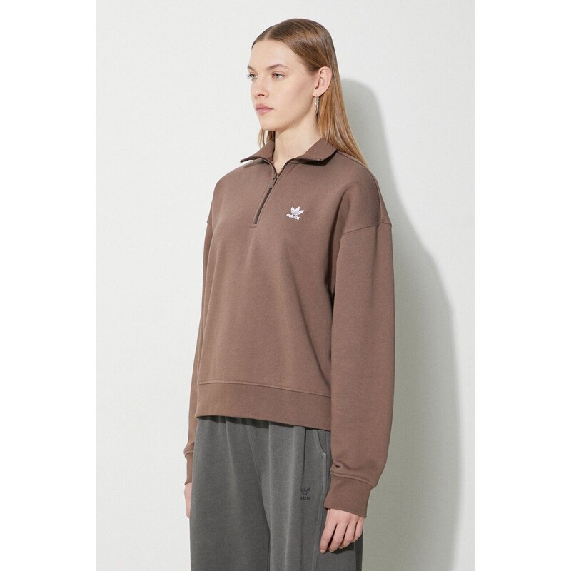 Mikina adidas Originals Essentials Halfzip Sweatshirt dámská, hnědá barva, s aplikací, IR5938